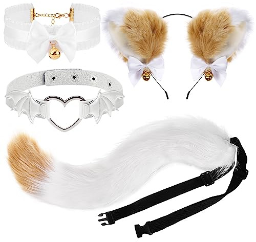 XEPST Katze Cosplay Kostüm Set, Schwanz und Ohren Set Faux Furry Fox Wolf Tail Kit mit Langer Fuchsschwanz und Ohren und Glockenkragen für Karneval Party Dekoration Kostüm Dressing Parteien