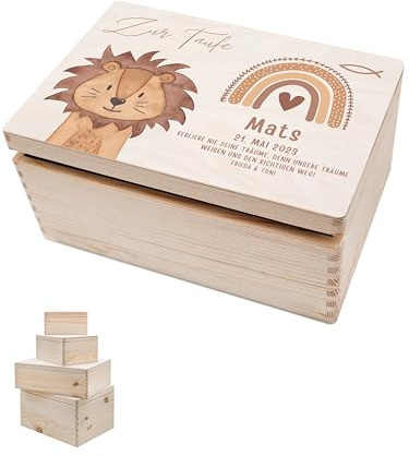 wunderwunsch - Personalisierte Erinnerungsbox Baby mit Hochwertigem Druck - Individuelle Erinnerungsbox - Niedliche Erinnerungskiste aus Holz - Geschenk zur Geburt Löwe S-Klappdeckel