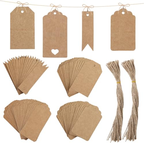 Simpeak Geschenkanhänger Kraftpapier, 120 stk Geschenk Anhänger Etiketten Kraftpapier Tags mit Juteseil, Dekoration für Bastelarbeiten Partys Kunsthandwerk Geschenk Hochzeit Weihnachten Ostern