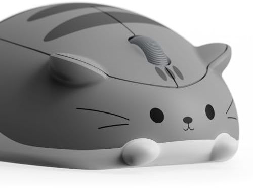 Akko söt trådlös mus med kattmotiv, spelmus, tri-modeanslutning Bluetooth 3.0/5.0/2,4 G USB-A-mottagare, tyst klick, söt trådlös tecknad mus för laptop/PC (grå mimo)