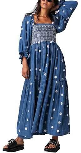 Yoisdtxc Women Summer Casual Long Dress 3D Embroidered Flowers Square Neck Puff Sleeve Dress Fashion Backless A-line Dress