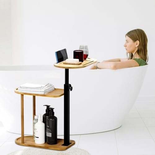 3 Layer Bathtub Tray Table,Bamboo Swivel Bathtub Side Table Height Adjustable,Freestanding Bathtub Tray for Tub Against Wall,Bathtub Accessories&Bathroom Organizer for Luxury Home Spa (Natural)
