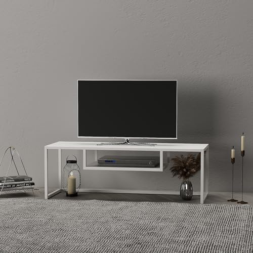 [en.casa] Mueble de Salón Mesa de TV Diseño Industrial con Estante Central para DVD Consolas de Videojuegos Metal 120 x 40 x 40 cm - Blanco