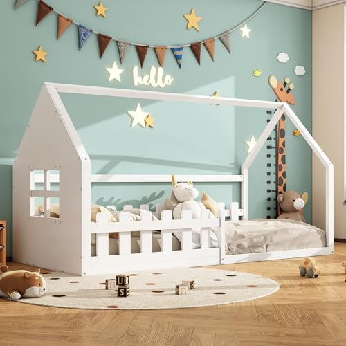 Kinderbett Bodenbett 90x200 cm, Bett mit Rausfallschutz und Lattenrost, Wärmes Hausbett mit Fenster für Mädchen und Jungen, Jugendbett Einzelbett Spielbett Holzbett Bettgestell, Kiefernholz, Weiß
