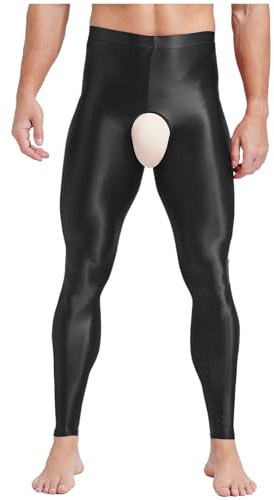 Zaldita Mens Glossy Stretchy Cut Out Compression Leggings High Waist Open Crotch Yoga Pants Trousers Black L