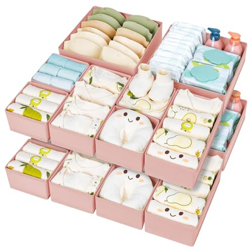 DIMJ Organizer per Cassetti Armadio - Divisori Per Cassetti Intimo Non Tessuto, Organizzatore Armadio Scatola Pieghevole Salvaspazio Per Calzini, Biancheria, Cravatte, 15 Pezzi, Rosa