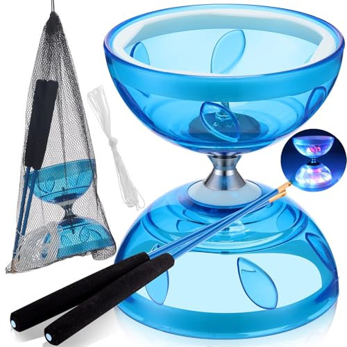 LED Diabolo Freiläufer mit Kugellager - Leuchtend im Dunkeln Jonglier Set mit 4 Farben Licht für Kinder und Erwachsene, Anfänger und Profis, Freilauf Zirkus Jonglierspielzeug (Blau)