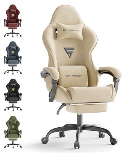 Ferghana Ergonomischer Gaming Stuhl mit Kopfstütze und Fußstütze Gaming Stuhl Stoff, Gamer Stuhl Hochwertiger PC Stuhl Chefsessel Komfortabler Stoff Gaming Sessel ideal für Büro Gaming, Weiß