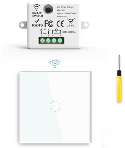 Acmerota Interruptor de Luz Inalámbrico,Interruptor remoto de luz táctil Kit de 1 canal de encendido/apagado del interruptor de RF con 10A 80~275V pequeño receptor no WiFi