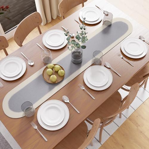 Encasa XO Camino de Mesa | Estilo Acanalado Hecho a Mano en Algodón | 30x137 cm | Gris Claro y Blanco Roto. | para Mesas de Centro y de Café