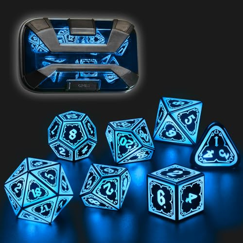 FONVGOGO LED DND Würfel Set Wiederaufladbar Leuchtendes 7-teilig für RPG | Coole Würfelset mit Ladebox, Polyedrisches Spielwürfel für Dungeons and Dragons Rollenspiele Tischspiele, Blau