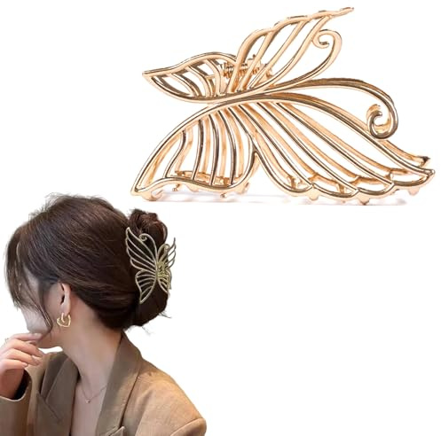 MinoCino Hårspänne, stort metallhårspänne i guld för kvinnor, elegant fjärilsdesign, hållbar håraccessoar för tjockt hår, starkt grepp, perfekt för dagligt bruk