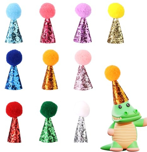 Tinoaly 10pcs Mini Party Hats for Stuffed Animals, Tiny Adjustable Cone Hats Dinosaur Dolls Crafts with Shiny Pom Poms for Teddys Dog Cat Birthday Cake Decorations Party Accessories