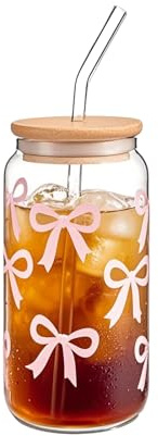 Henrrida Bow Glass Mugs 16 Oz Glass Tumblers with Lids and Straws, Iced Coffee Glass, Cute Bow Design, Multifunctional Drinking Cup, Suitable for Girls, Ladies, and Friends 500 ml