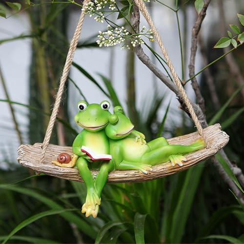 Gartendeko Hängend Frosch, Hängender Hängematte Frosch Deko Garten Figuren 25x8.5x13Cm, Balkon Fenster Baum Deko Harz Statue, Dekofigur Frosch Blumentopf Aufhänger Draußen, Gartenfiguren Fensterdeko