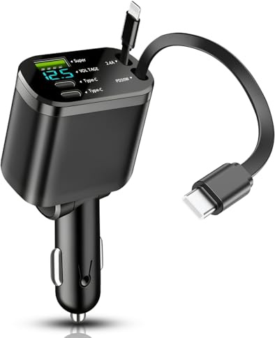 5-in-1 Caricatore Auto USB C, 75W Accendisigari Presa USB Auto, Retrattile Ricarica Rapida con Cavi Estendibili per iPhone 16/15 Galaxy S25/S24, Design Compatto 180°, Ideale per Auto 12V/24V