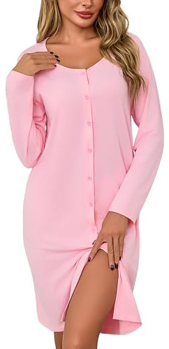 Litherday Chemise de Nuit Femme Longue Manche Coton avec Boutons Col Rond Robe de Nuit Hiver Vêtement de Nuit Allaitement Pyjama Doux et Confortable