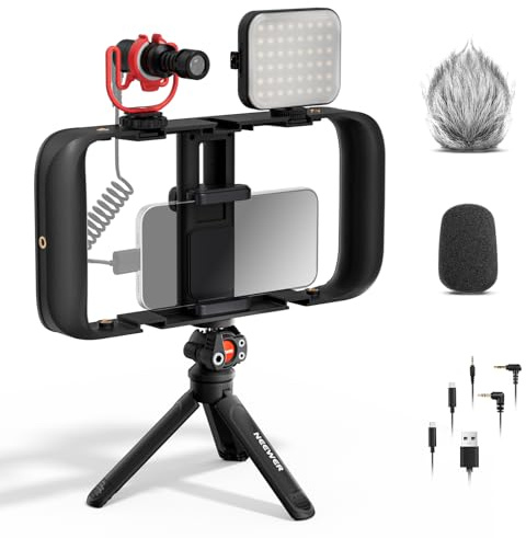 NEEWER Basics Vlogging Set mit Handy Halterung, Mikrofon, LED Fülllicht und Stativ, kompatibel mit iPhone, unverzichtbar für Youtuber, Content Creator und YouTube, TikTok, Streaming und Video, PA055