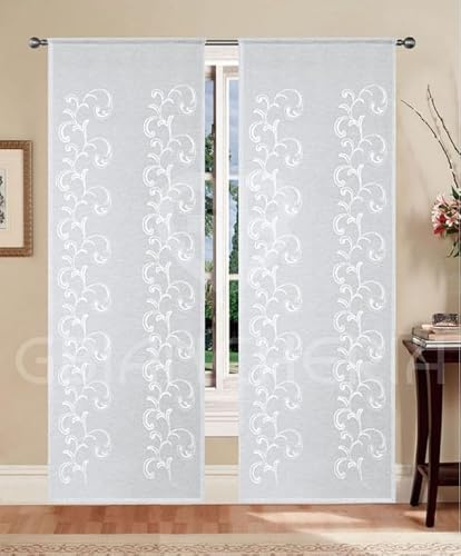 GBiancheria Coppia Tende a Pannello Marta Ricamate Arabesco Tessuto Semitrasparente Elegante 60x150 o 60x240 cm – Tende Moderne e Classiche per Soggiorno Cucina Camera (Bianco, 60x240 cm)