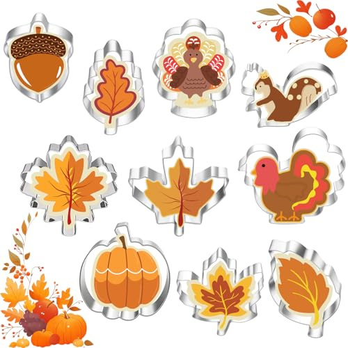 Norhogo 10 Stück Herbst Erntedankfest Ausstechformen Set, Plätzchen Ausstecher Edelstahl Keksausstecher, DIY Plätzchenausstecher Set, Thanksgiving Ausstechformen Edelstahl für Keks Fondant Backen