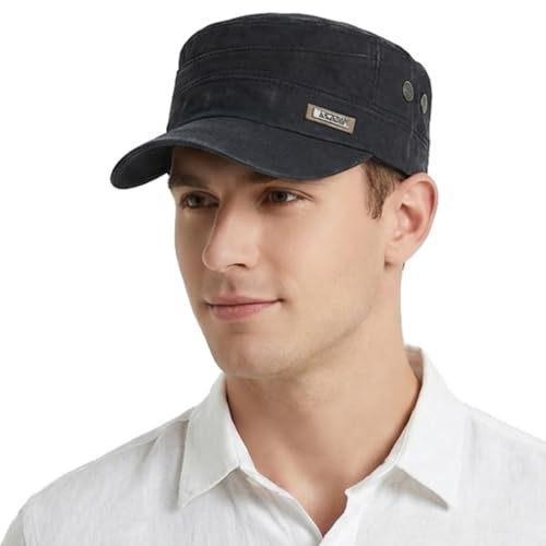 HIQIU Militär keps män sommar armékeps cadet hatt – unisex vintage tvättad bomull militär platt topp basebollkeps justerbar mössa, svart, one size