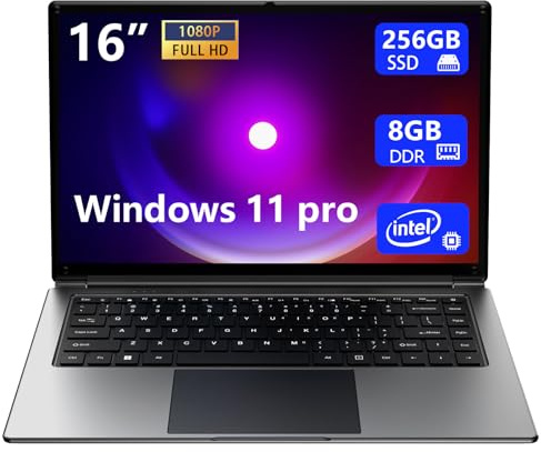 laptop 16-inch , 8GB DDR 256GB SSD portable laptop computer, expandable to 1TB, Pentium quad-core CPU up to 2.64 GHz, 9000mAh battery, interface, USB3.0 interface, dual-band WiFi, webcam, slim laptops