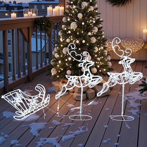 Hometopia LED 2 Rentiere mit Schlitten mit 250 LEDs 55 cm – Leuchtende Weihnachtsdekoration für Innen und Außen