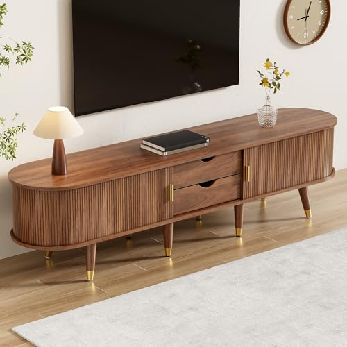 BTM Mueble de TV con puertas correderas Mueble bajo de pie Soporte de TV con cajones Armario de TV para salón, color nogal