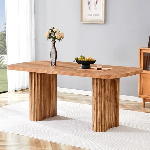 HaoChrymec Tavolo da Pranzo in MDF Color Noce, Piano con Supporto a Colonna Curvo, Tavolo Multifunzionale per Sala da Pranzo e Reception, Design Moderno, Stile Elegante, Wood, 180x90x76cm