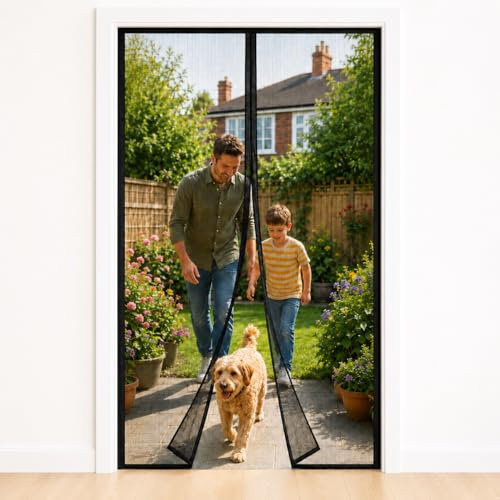 Magnetic Fly Screen Door 90 x 210 cm Black, Fly Screens for Doors with Auto Close Magnets, No Drill Fly Curtains for Doors, Pet & Child Friendly Mesh Door Screen for Patio Kitchen Back Doors