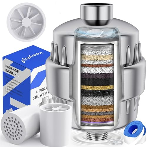 VeoryFly Filtre Douche Rendement élevé à avec 2 Blanc Cartouches | Réduire le Chlore et le Fluorure, Soulager les Cheveux et la Peau de Sécheresse, Adapté à la Plupart des Pommeaux de Douche