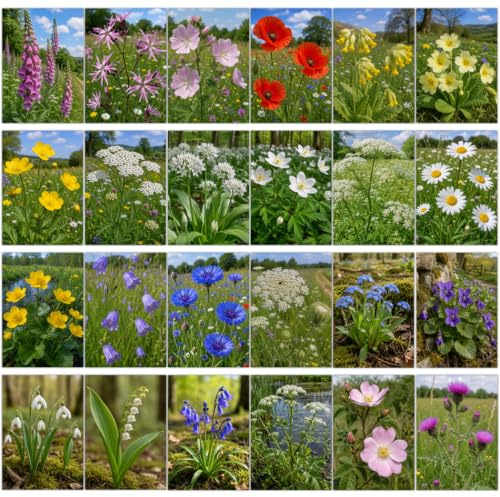 Felicitas British Wildflowers Variety Postcard Pack - Set Featuring 24 Native Wild Flowers - A6 Postcards - Beautiful Botanical Imagery - Nature & Countryside Theme - Eco Friendly - Made in UK