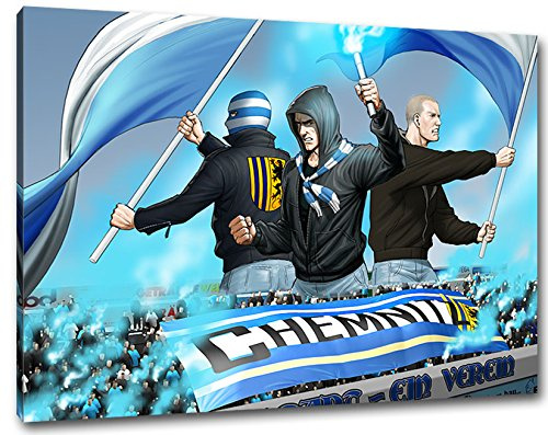Ultras-Art Chemnitz Fans mit Flaggen Format: 60x40, Bild auf Leinwand XL, fertig gerahmt