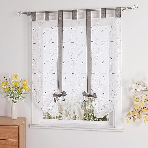 Yujiao Mao Raffrollo Voile Küche Gardine Mit Stickerei Bindegardine Mit Schlaufen Modern Raffgardine Wohnzimmer Weiß Grau BxH 140x140cm 1 Stück | Modern Raffgardine mit Stickerei, Küchengardine, Bindegardine, Wohnzimmer, Bandrollo, Transparent, Klein Fenster, 1 Stück