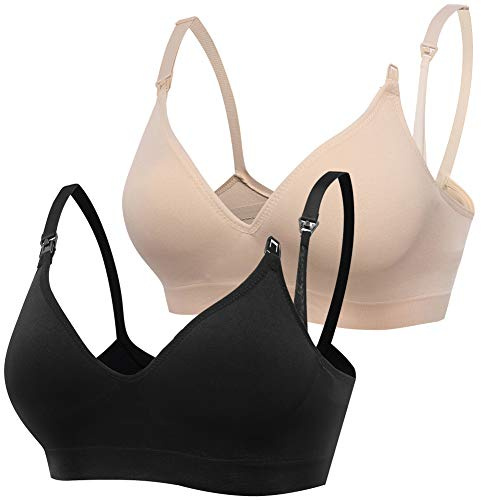 Derssity Women's Wireless Nursing Bra Plus Size Soft Maternity Bra for Breastfeeding, Black/Beige, M--Fits for 34ABCD 36AB