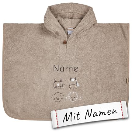 LALALO Sterntaler Bade Poncho mit Namen bestickt, Bauernhof, Baby & Kinder, Badetuch, Badeponcho, Kapuzenbadetuch, Handtuch mit Ärmeln und Kapuze, 100% Baumwolle, Beige