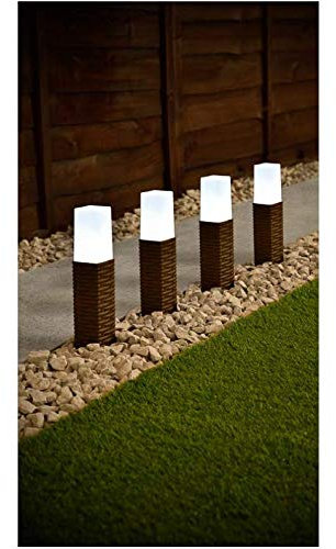 spot on dealz® 4pk Solar Garden Lights Outdoor Stake Pathway Lighting Driveway Stakes Path Lights Rattan Effect Brown Post Light Patio Border Garden Decoration White LED