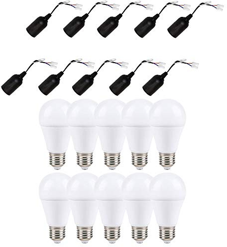 NCC-Licht 10x Baufassung E27 schwarz + LED A60 Birne 12W Warmweiß | Robuste Renovierfassung mit E27-Fassung und Steckklemme, ideal für Garage Sanierung und Baustelle