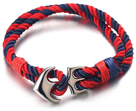 HALUKAKAH ● Vela ● Hombres Pulsera de Cuerda Nailon de Color Rojo/Azul/Azul Marino Multicolor Hecha a Mano con Hebilla de Ancla Plateada 8.26(21cm) con Caja