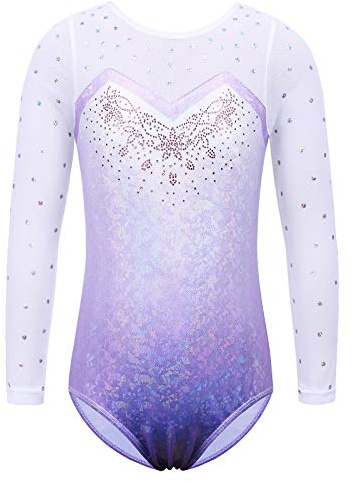 ZNYUNE Mädchen Gymnastikanzug mit Pailletten | Kinder Gymnastik Trikot 3/4 Hülse in Tüll