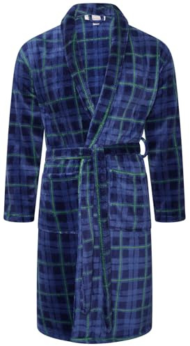 Adore Home Mens Fleece Shawl Collar Dressing Gown, Check Blue, L-XL