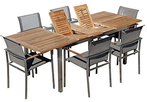 ASS ALEOS. Gartengarnitur Edelstahl Batyline A-Grade Teak Holz Set Ausziehtisch 160-220 x 90 cm + 6 Sessel mit Batyline Bespannung Serie Kuba-BRAUN Gastroqualität