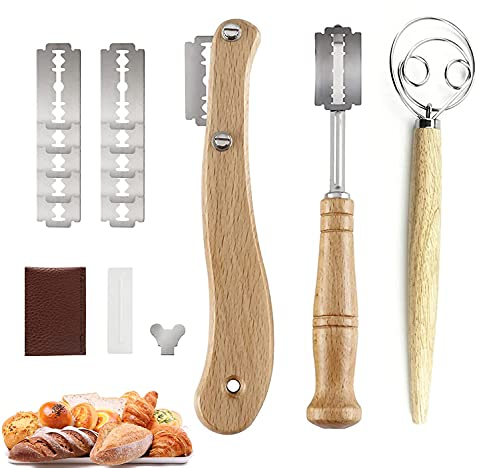 Bäckermesser,Brot Lahm Scoring Tool Set,Holzgriff Dänischer Teigbesen Teig Schneebesen,Brot Bäcker Cutter Baguettemesser mit Rasierklinge,Teig Rasiermesser für DIY Brotteig Muster
