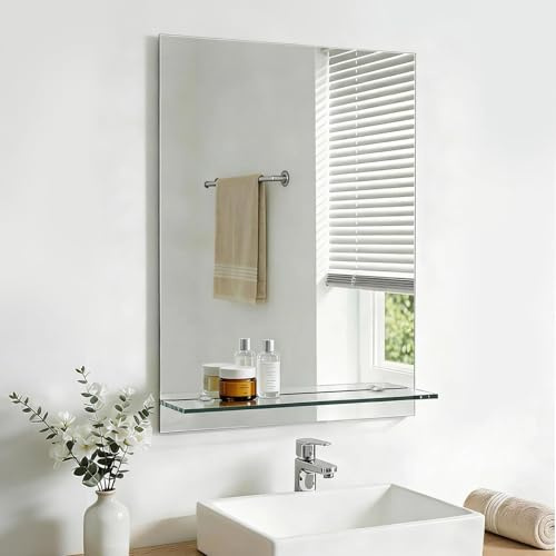 S'AFIELINA Badspiegel mit Ablage 50x70 cm – Wandspiegel Rahmenlos ohne Licht, HD Badezimmerspiegel mit Glasablage, Gäste-WC Kristallspiegel, Wandmontage