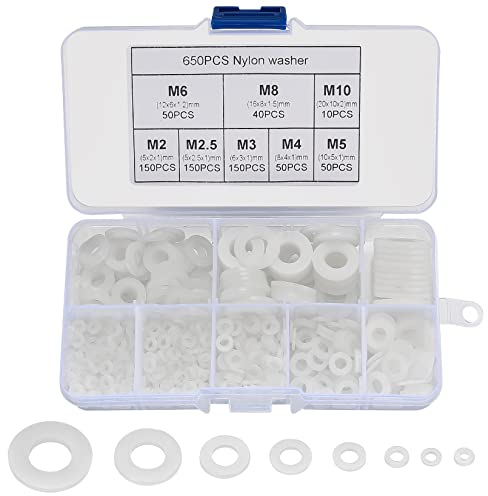 650 Stk. Nylon Unterlegscheiben, flache Kunststoff Karosseriescheiben, runde Beilagscheiben Abstandshalter, Dichtscheiben für Schrauben Isolierung - Weiß, M2/M2,5/M3/M4/M5/M6/M8/M10