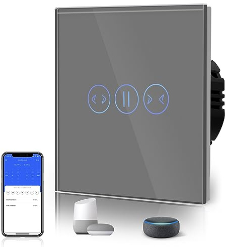 BSEED Smart WLAN Vorhangschalter aus Glas (Neutralleiter Erforderlich) Grau | WLAN Touch Lichtschalter WIfI Schalter aus Glas Alexa und Google Home Work mit Tuya