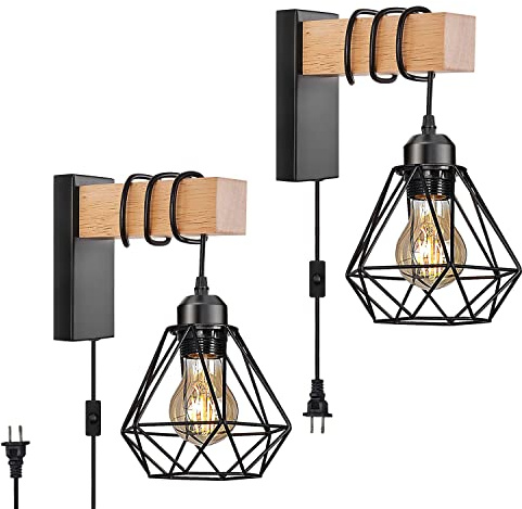 Plug in Wall Sconces Set of Two,Farmhouse Wall Mounted Lights with Plug in Cord,Black Rustic Wall Lamp for Bedroom Bedside Living Room,with Wood Arm and 70.8inch On/Off Switch Cord,2 Pack