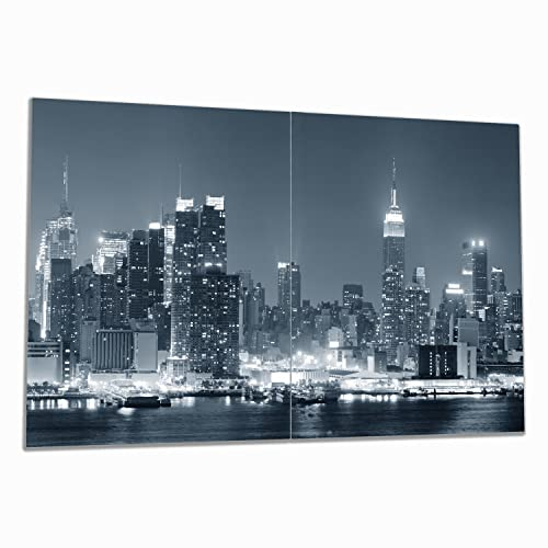 Wallario Herdabdeckplatte/Spritzschutz aus Glas, 2-teilig, 80x52cm mit 8 mm hohen Füßen, für Ceran- und Induktionsherde, New York Skyline - Schwarz Weiß Blau