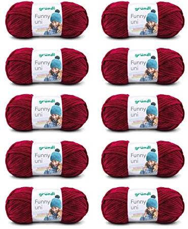 Gründl Wolle Funny uni Chenille Wolle 10 Knäuel 100 g, Bordeaux | weiche Chenille Wolle zum Häkeln - Kuschelig und hautfreundlich - 100 % Polyester - 100 g / 120 m - Nadelstärke 5 - 6