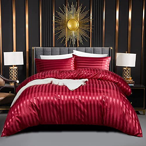 Luofanfei Satin Sommer Bettwäsche 155x220 Weinrot Glänzend Gestreifte Glanzsatin Seidenbettwäsche Rot Uni Glatt Luxus Bettbezug Set Einzelbett mit Reissverschluss und Kissenbezüge 80x80 cm